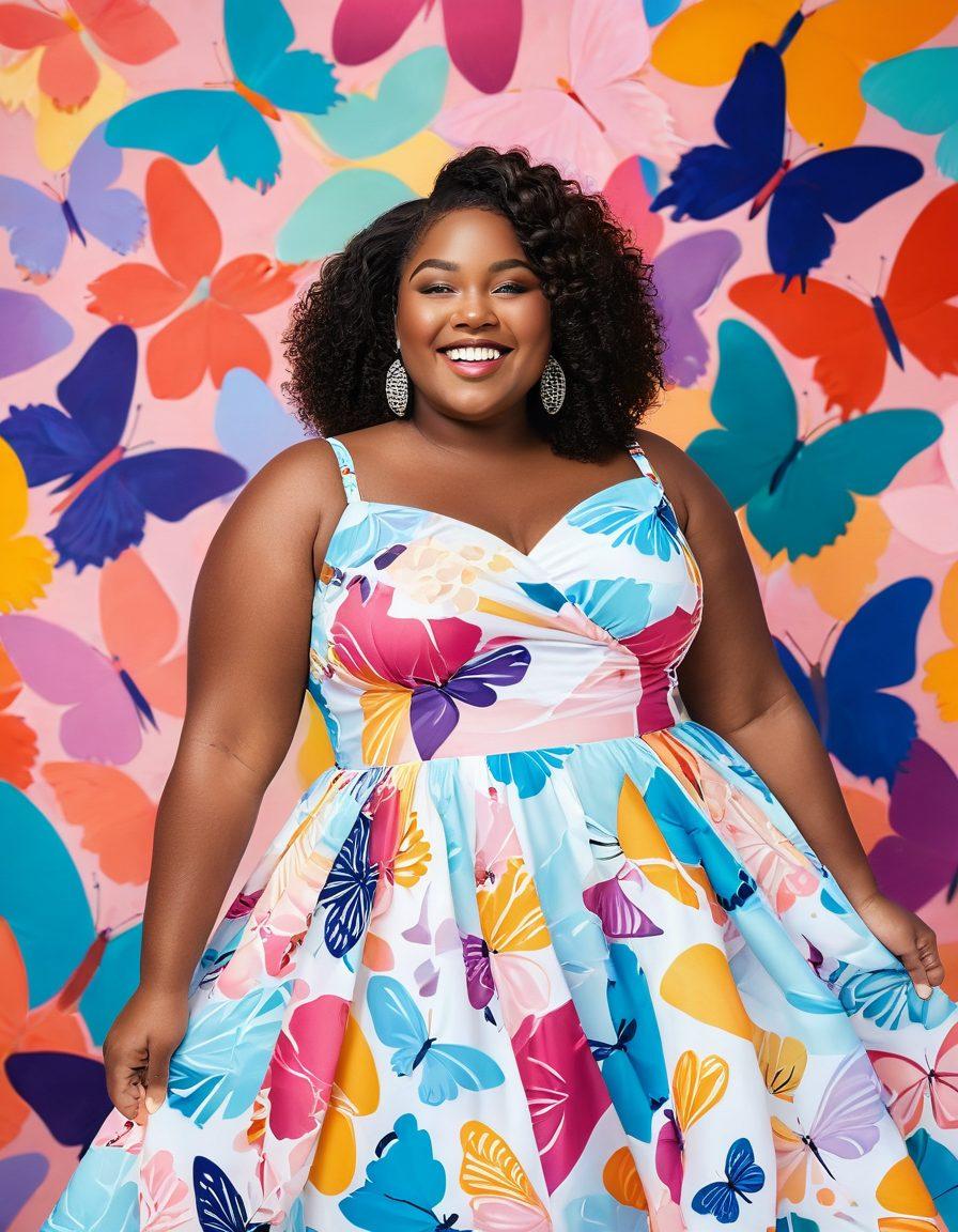 A confident plus-size model with a radiant smile, gracefully posing in a colorful and vibrant outfit that celebrates body diversity. The background features soft pastel colors and abstract shapes symbolizing inclusivity and positivity. Incorporate elements like flowers or butterflies to enhance the theme of self-love and acceptance. Emphasize the model’s joyful expression and graceful curves. super-realistic. vibrant colors. soft background.