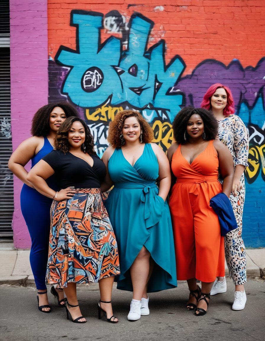 A celebration of curvy women in fashionable plus-size outfits, posing confidently in a vibrant urban setting. Incorporate a diverse group of models showcasing various styles, with an emphasis on bold colors and patterns. Include elements of empowerment, such as empowering quotes subtly integrated into the background. The atmosphere should be lively and inclusive, radiating joy and self-acceptance. playful art style. vibrant colors. modern aesthetic.